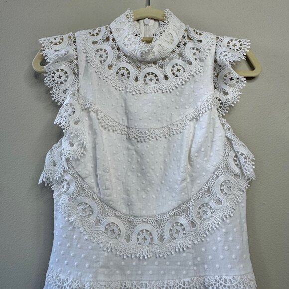 ZIMMERMANN Peggy Embroidered Trim Short Dress Womens 6 White Linen Blend Lace - Picture 3 of 13